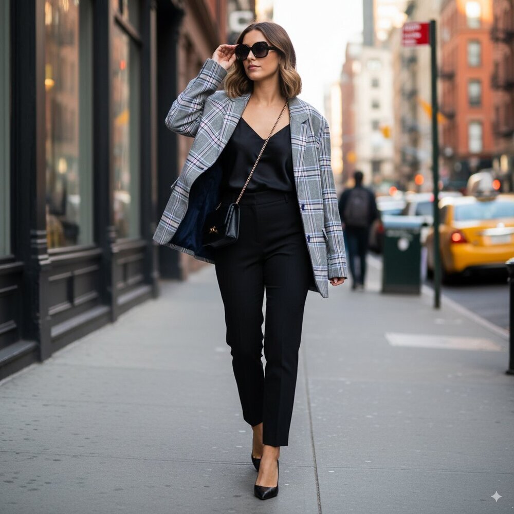 The Fifth Label Discover Oversized Blazer in Midnight with Pink Check S NWT